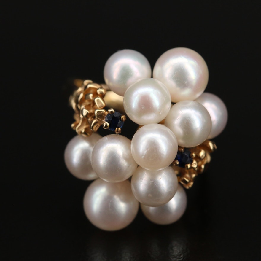 Vintage 14K Pearl Cluster Ring with Sapphire Accents