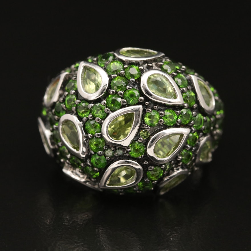 Sterling Peridot and Diopside Domed Ring