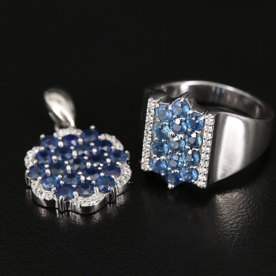 Sterling Silver Sapphire and Zircon Ring and Pendant