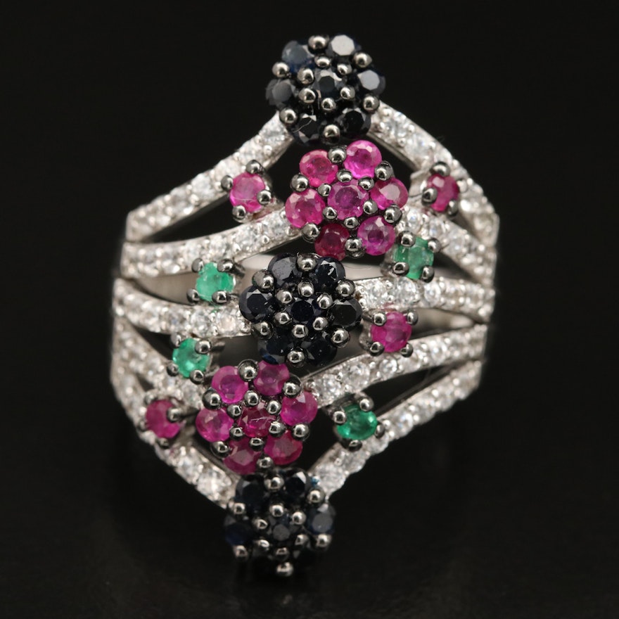 Sterling Floral Cluster Ring Including Ruby, Sapphire and Emerald