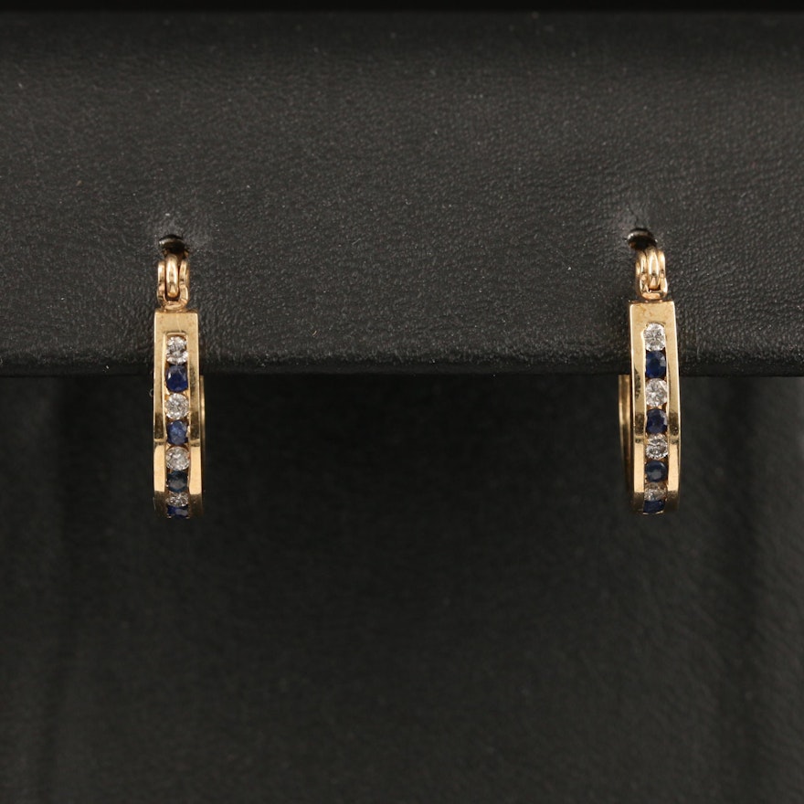 10K Channel Set Diamond and Sapphire Hoop Earrings