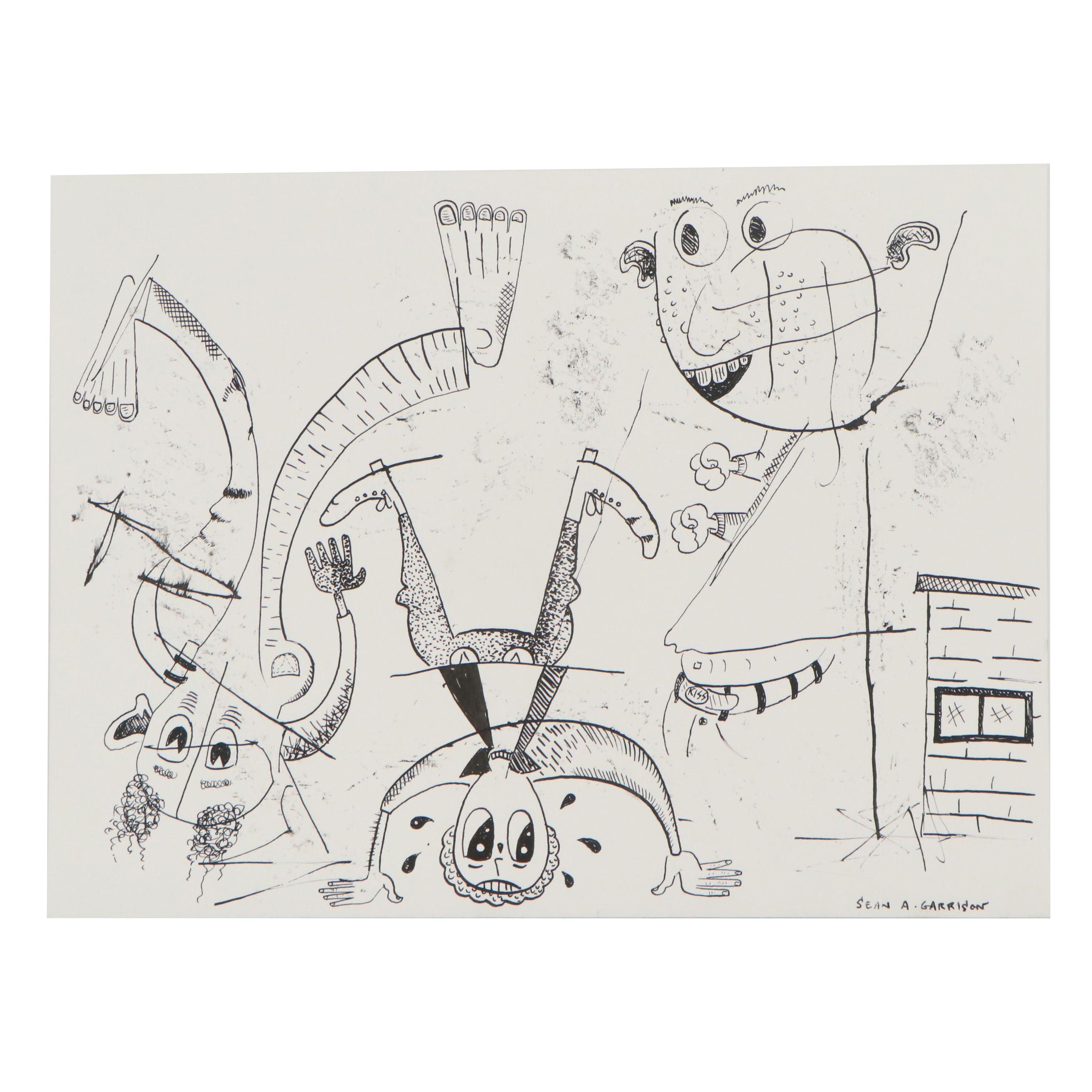 Sean A. Garrison Abstract Folk Art Ink Drawing, 21st Century