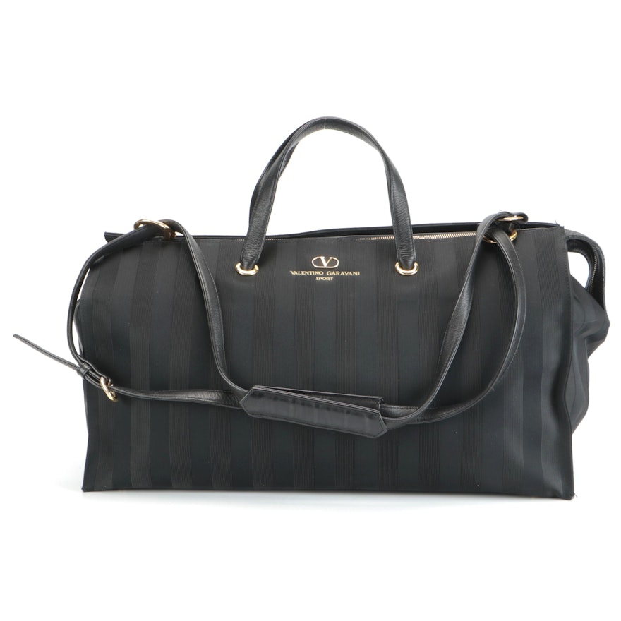 Valentino Garavani Sport Black Striped Silk and Leather Tote Bag