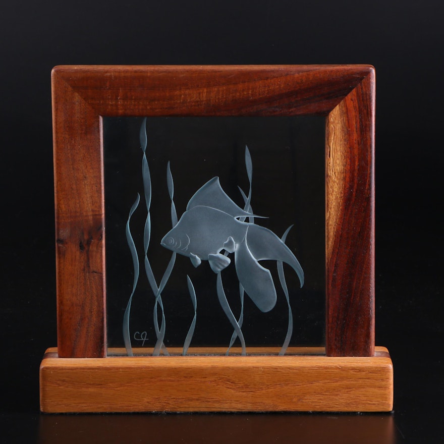 Reverse Etched Glass Panel of Fish in Free Standing Frame, Circa 2000