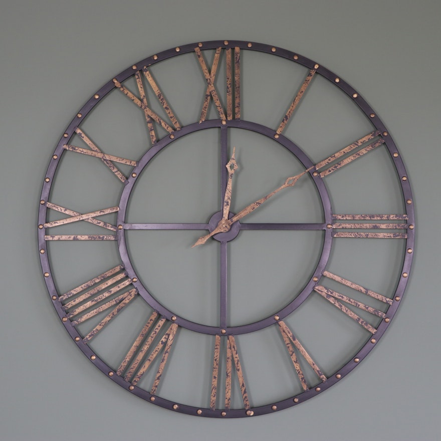 Metal Roman Numeral Wall Clock with Old Gold Accents