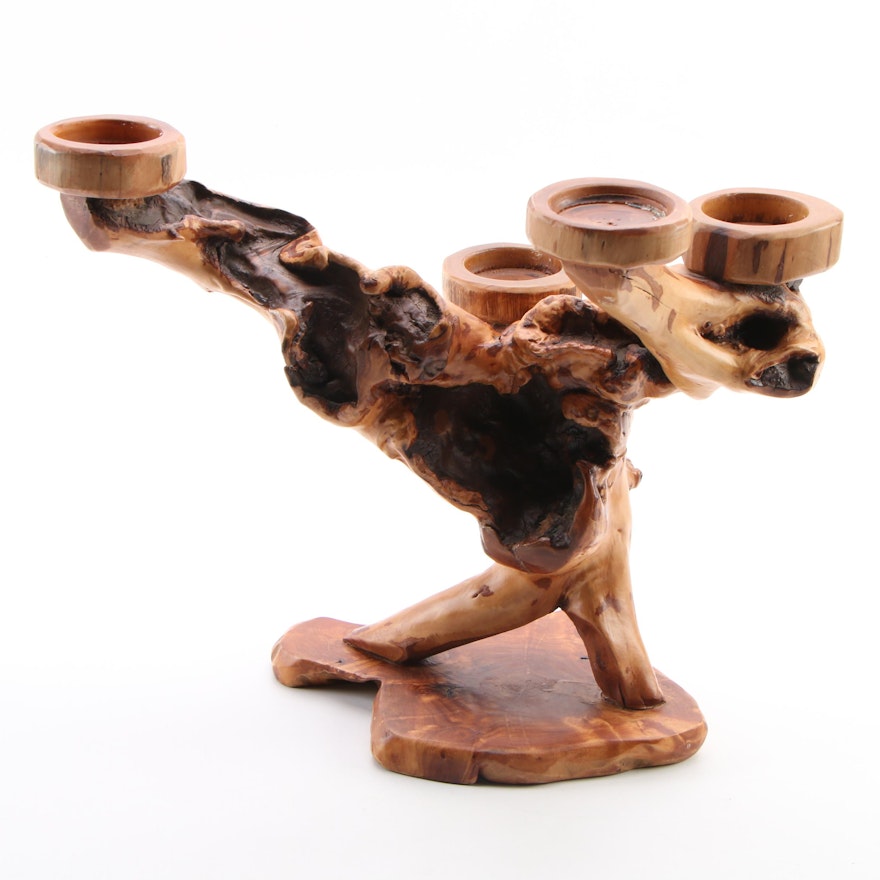 Four Light Burl Wood Candleholder, Late 20th to 21st Century