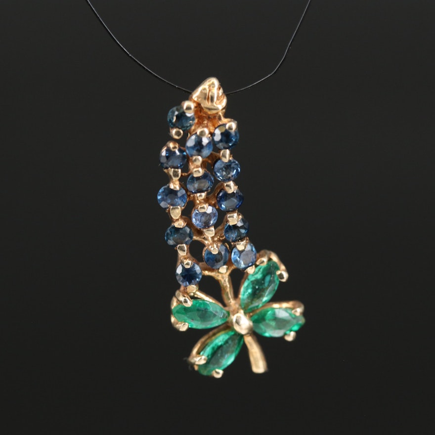 14K Emerald and Sapphire Flower Pendant