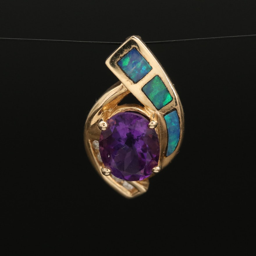 14K Amethyst, Diamond and Opal Pendant