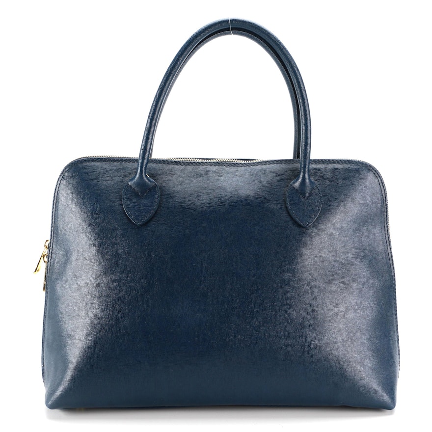 Navy Blue Italian Cross Grain Leather Top Handle Bag