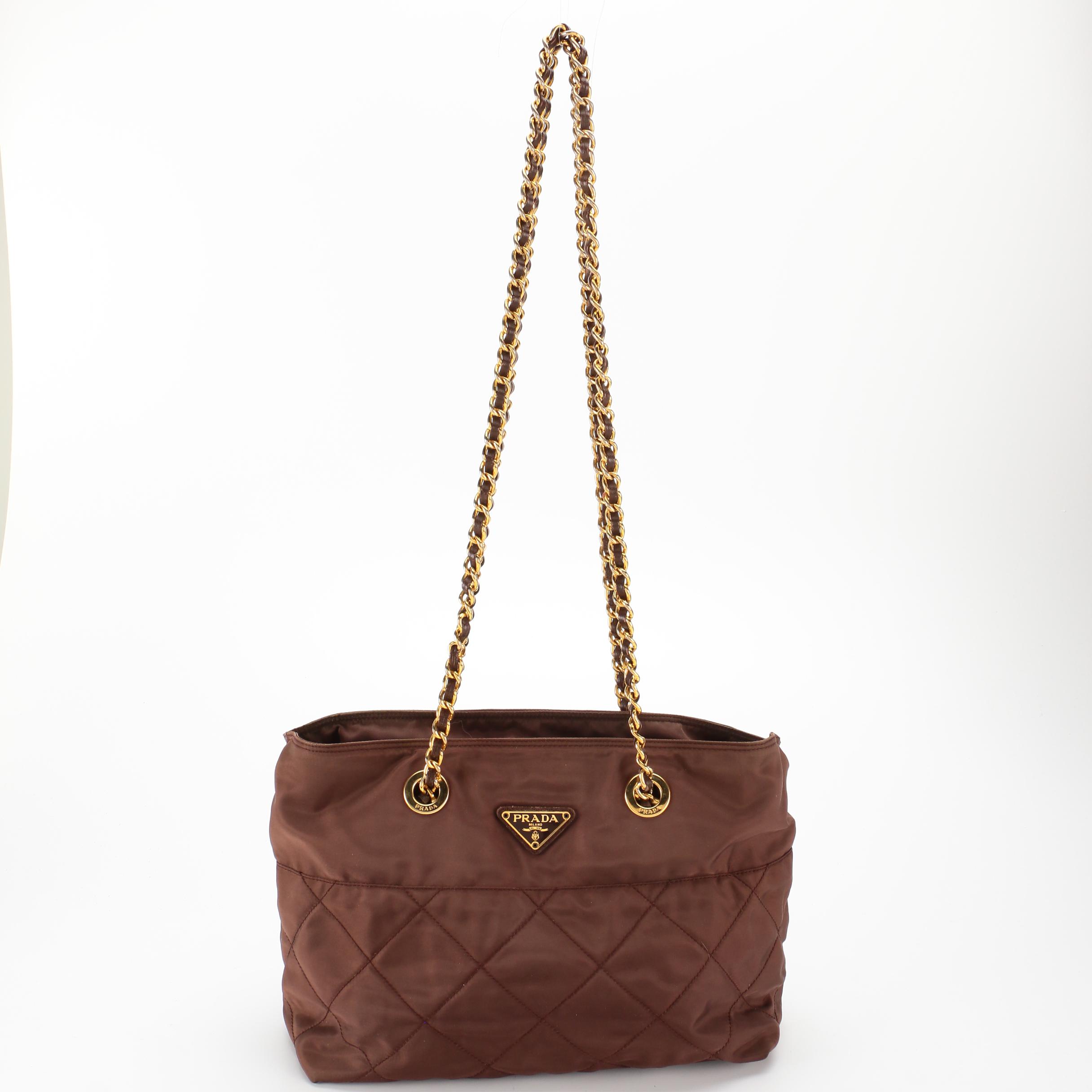Prada Quilted Brown Tessuto Nylon Shoulder Bag with Leather and Chain Strap