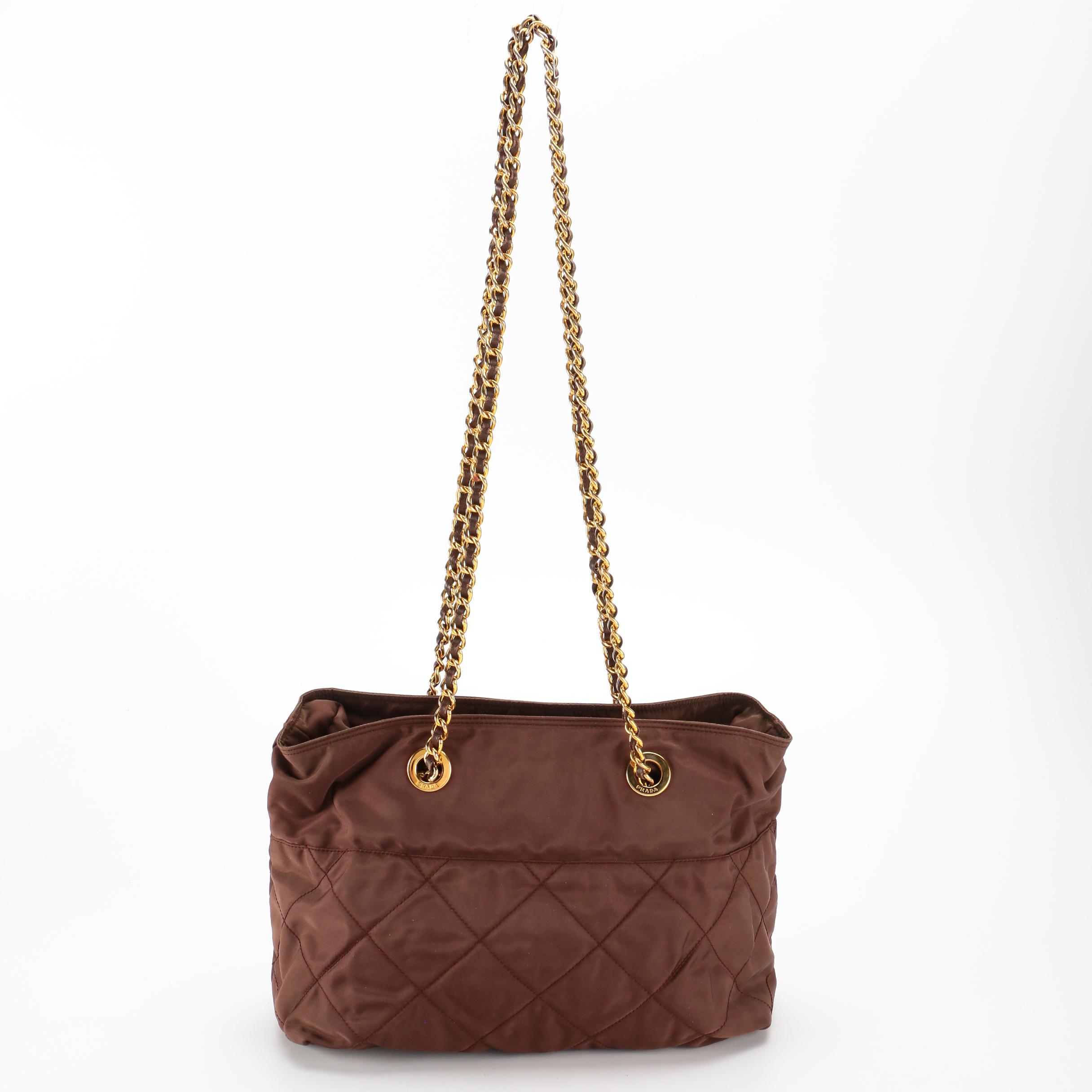 Prada Quilted Brown Tessuto Nylon Shoulder Bag with Leather and Chain Strap