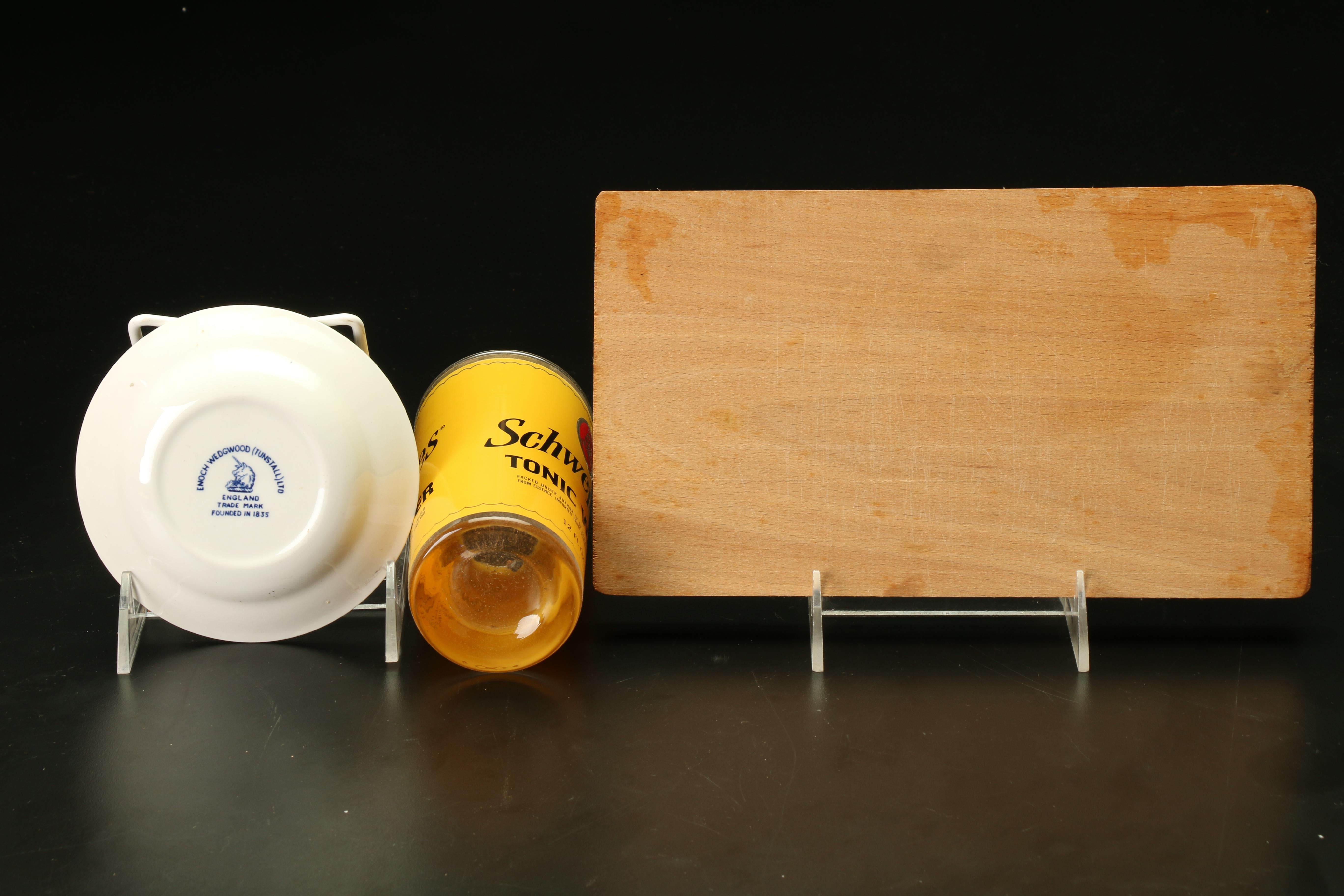 Schweppes Glasses, Cutting Board and Kitchen Knife and Wedgwood Coasters