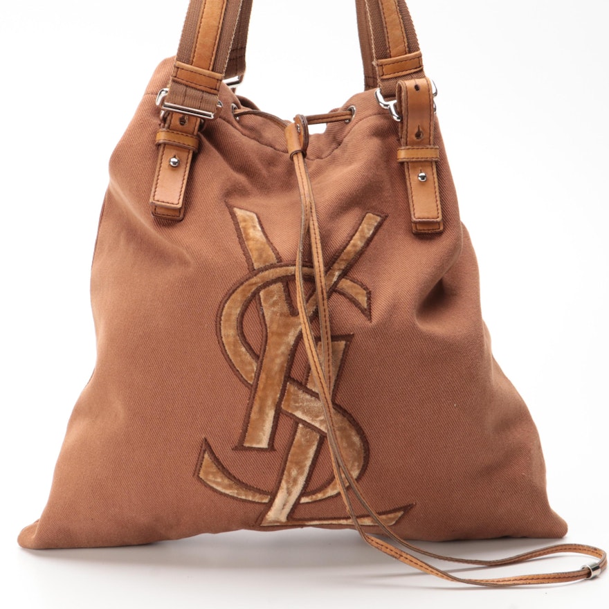 Yves Saint Laurent Rive Gauche Kahala Tote in Brown Canvas with Leather Trim