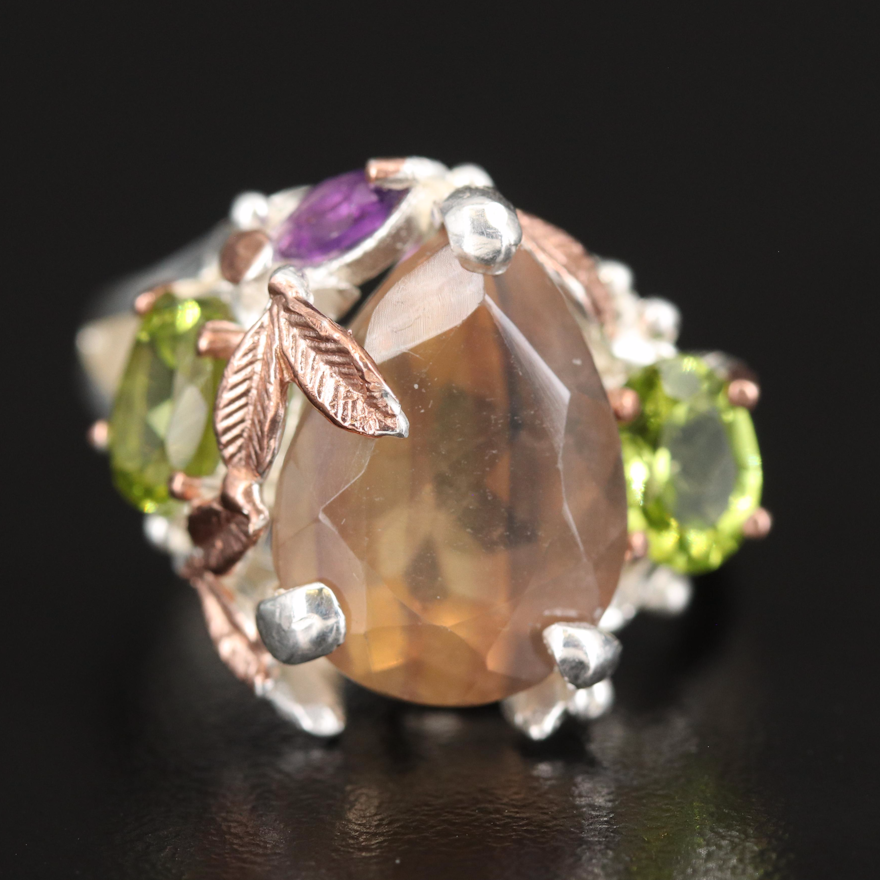 Sterling Foliate Ring with Fluorite, Peridot and Amethyst