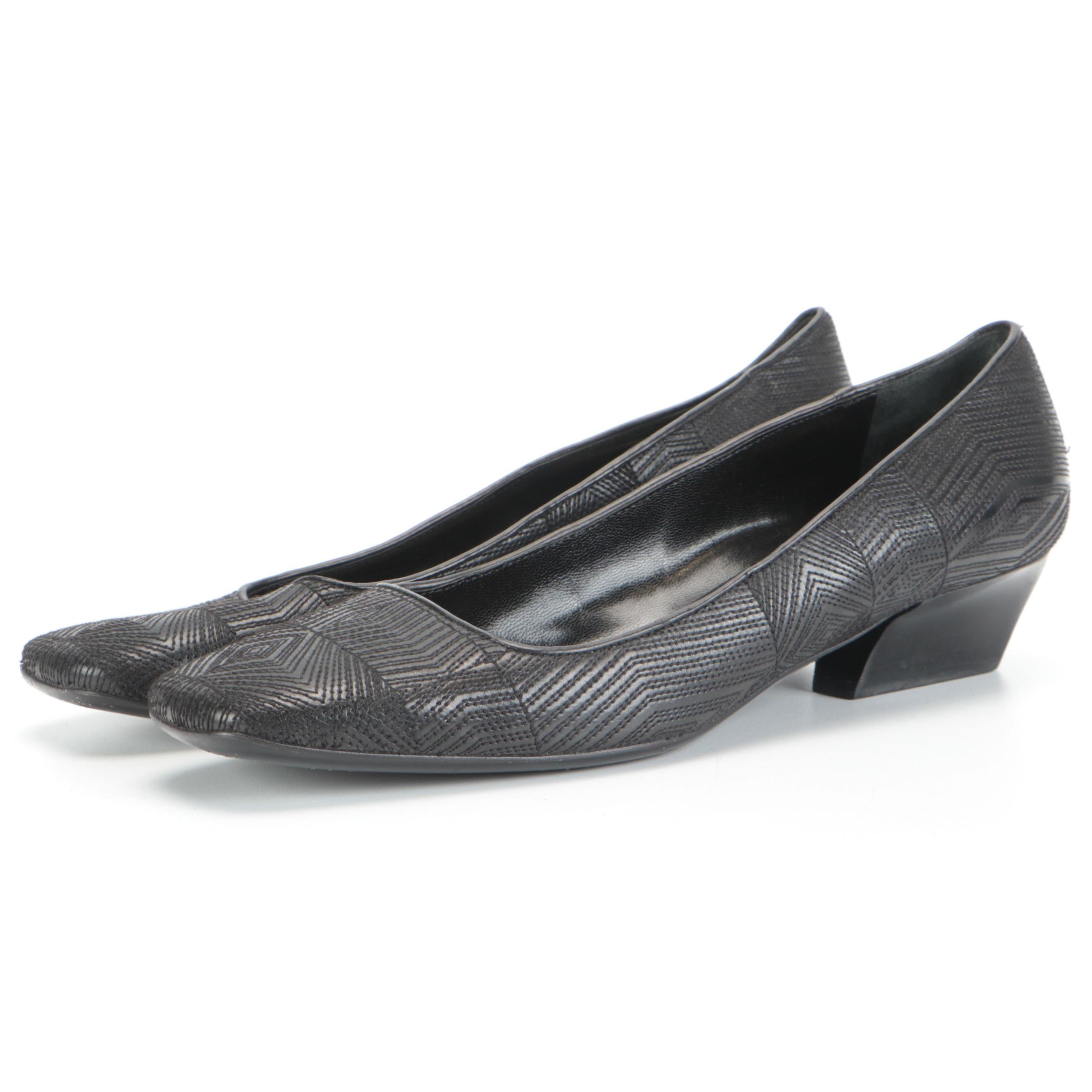 Prada Black Leather Square Toe Pumps with Geometric Stitched Pattern