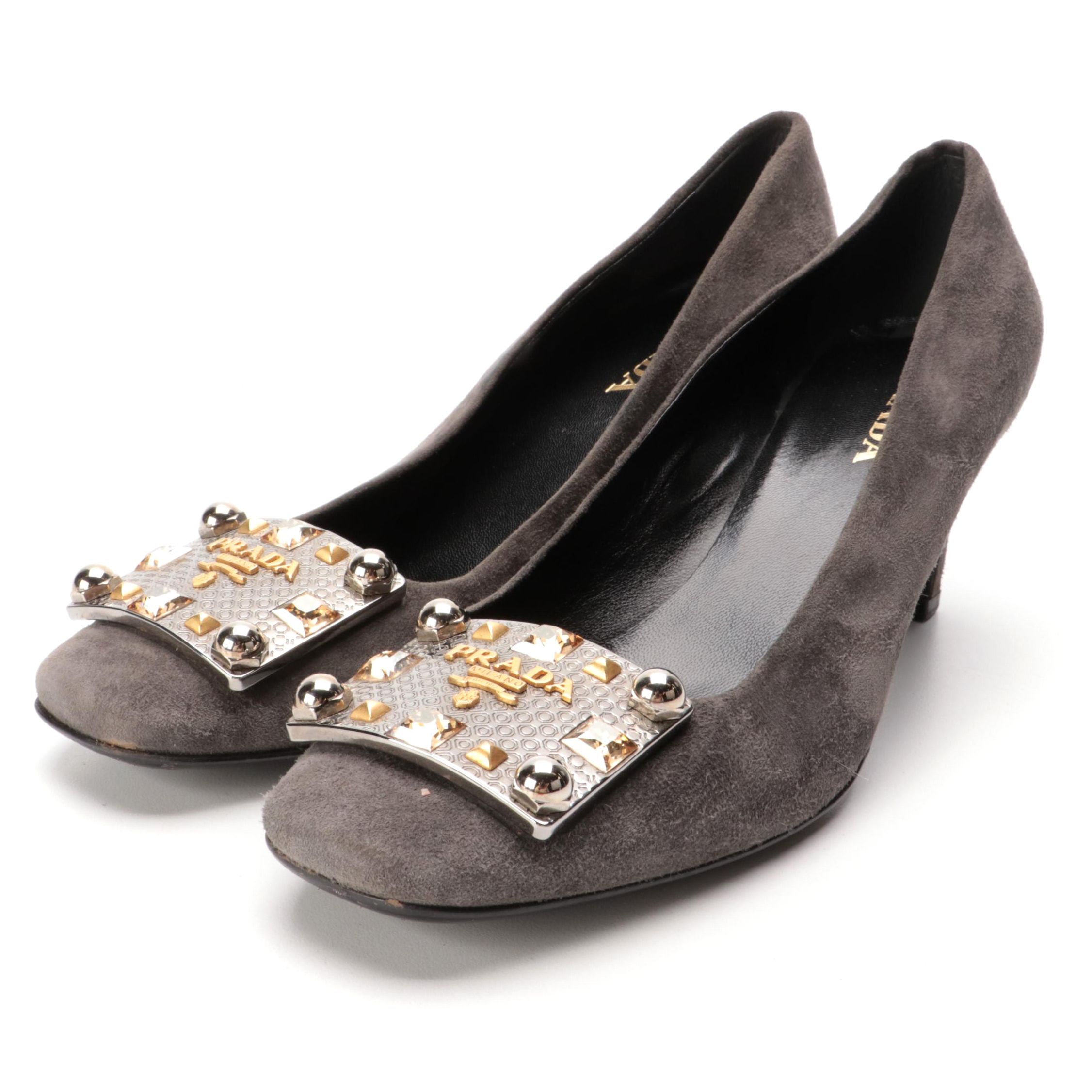 Prada Grey Suede Pumps with Embellished Plaque