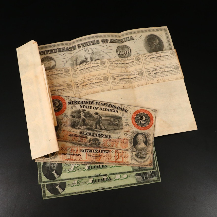 Obsolete Southern Banknotes and Confederate War Bond, Mid-19th Century