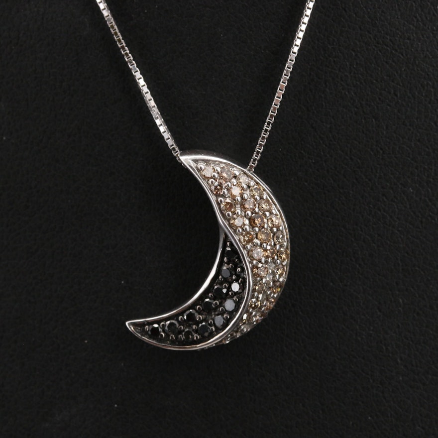 Italian Sterling Pavé Diamond Crescent Moon Pendant Necklace