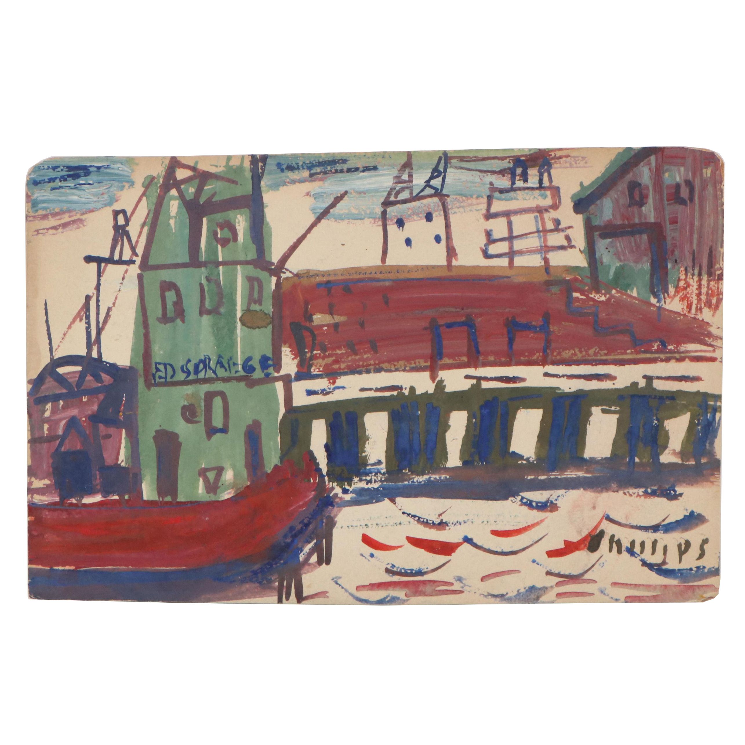 Esther Phillips Mixed Media Cityscape Painting, Mid-20th Century