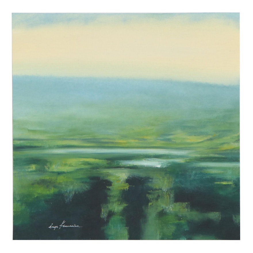 Inga Khanarina Landscape Oil Painting of Rolling Hills, 21st Century