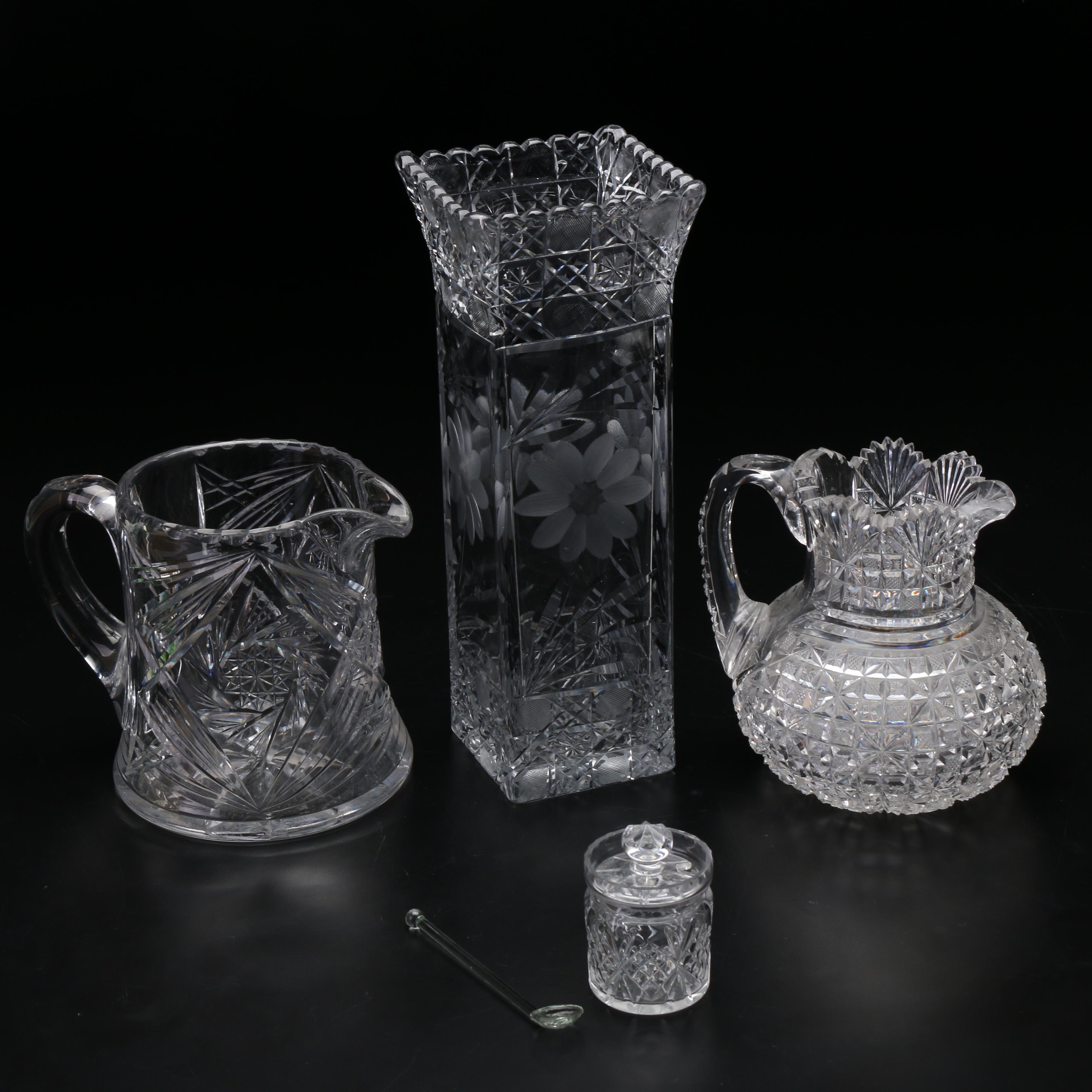 American Brilliant Cut Glass Pitchers, Sugar Jar and Floral Vase