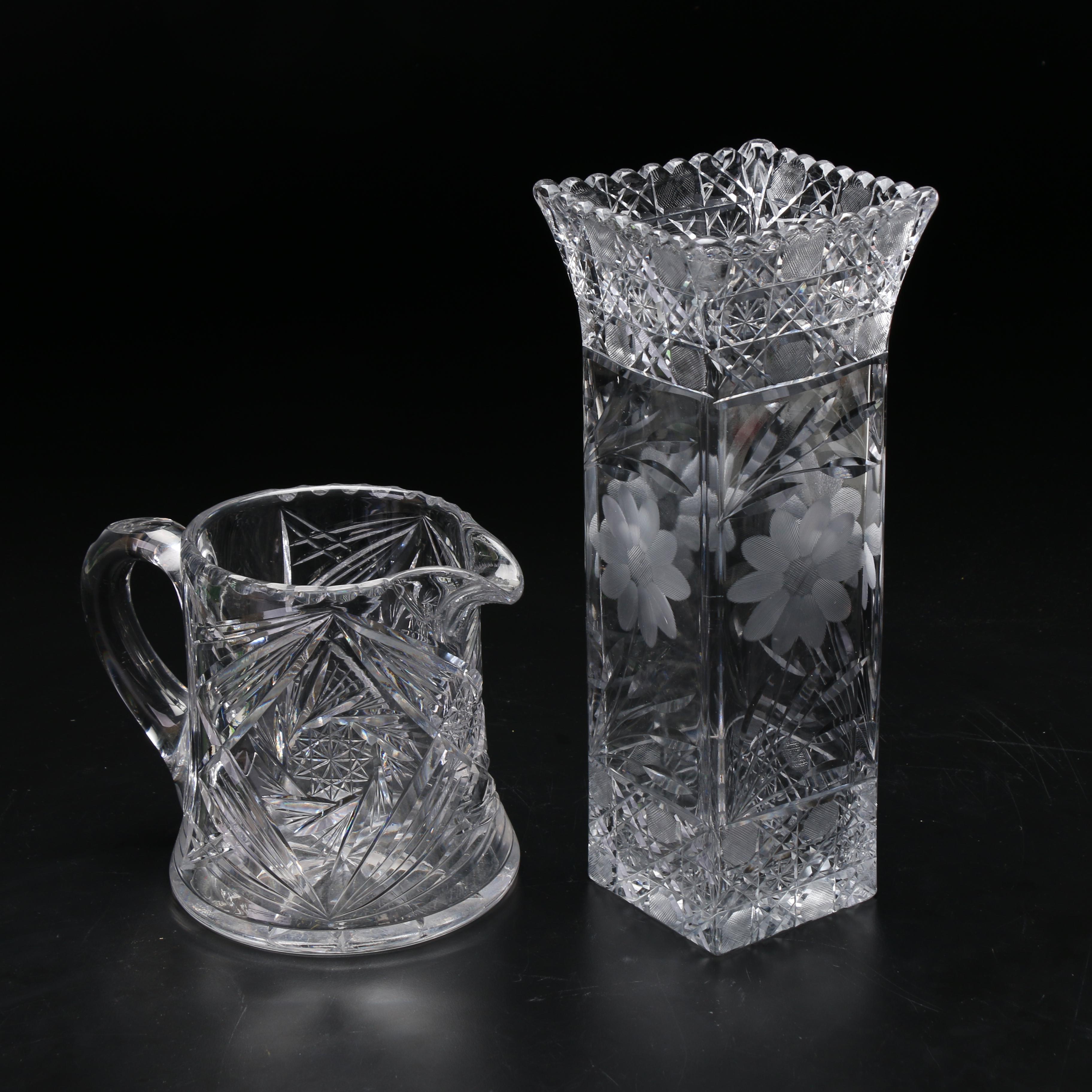 American Brilliant Cut Glass Pitchers, Sugar Jar and Floral Vase