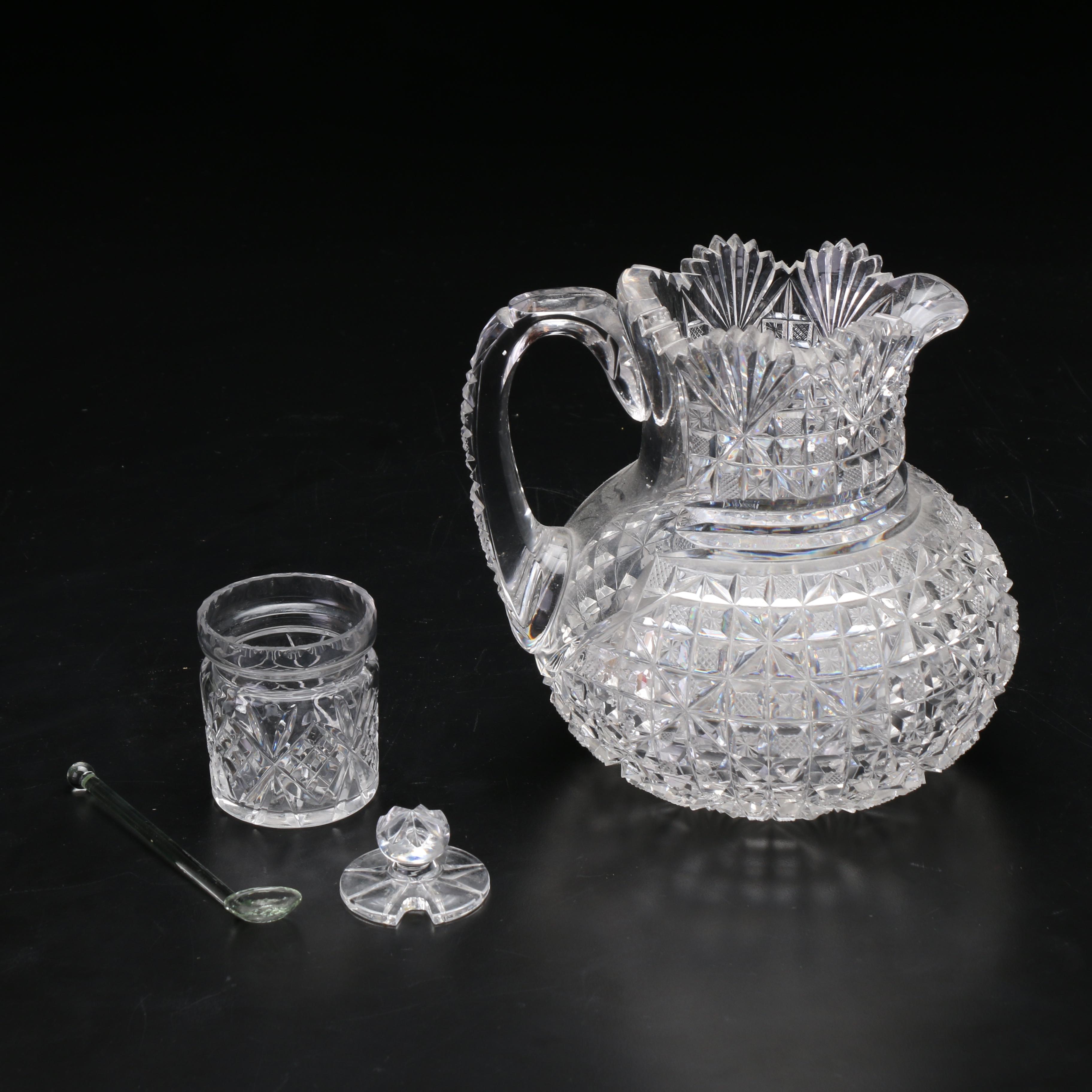 American Brilliant Cut Glass Pitchers, Sugar Jar and Floral Vase