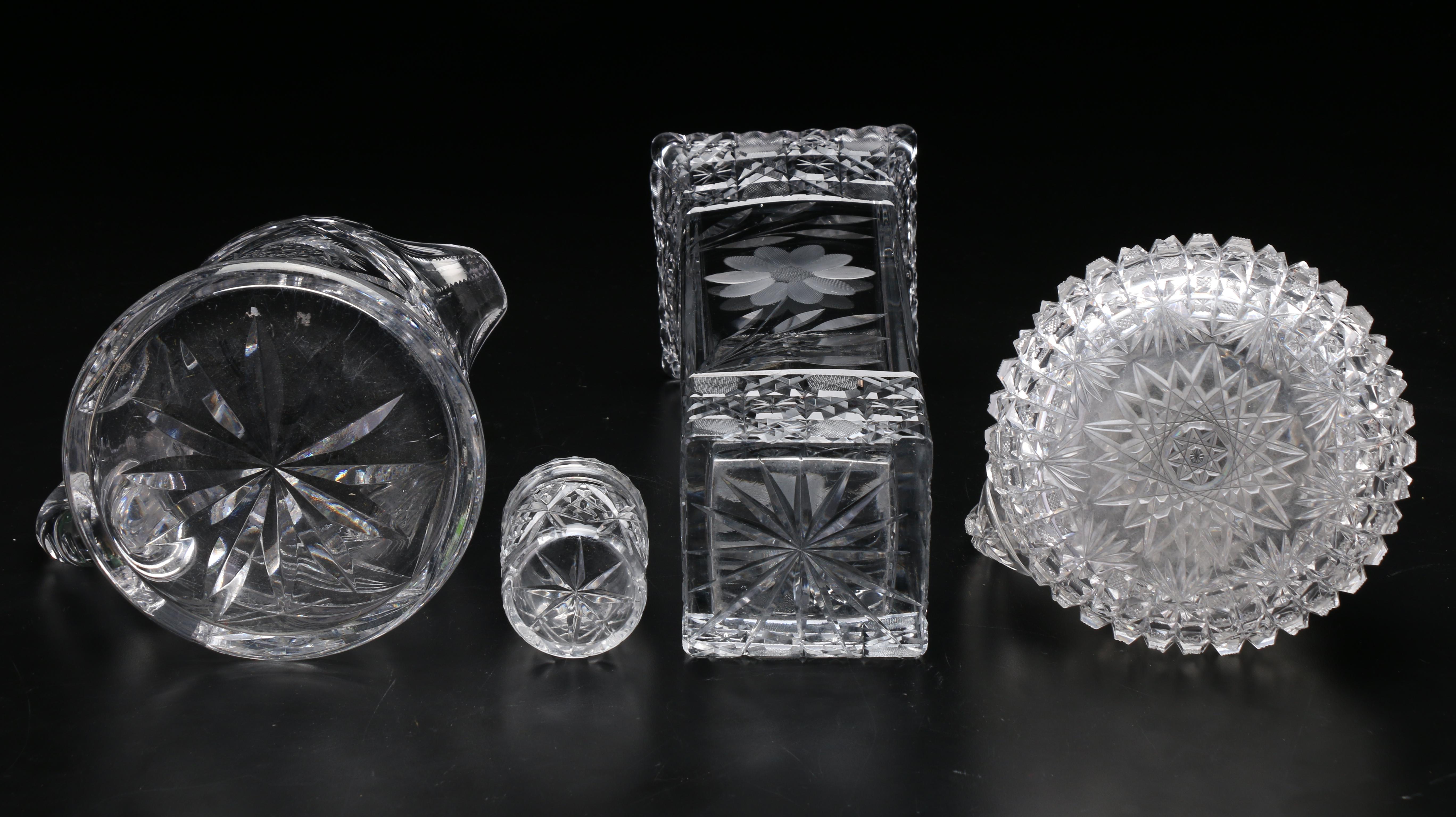 American Brilliant Cut Glass Pitchers, Sugar Jar and Floral Vase