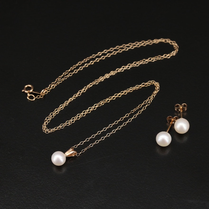 10K Pearl Necklace and Stud Earrings