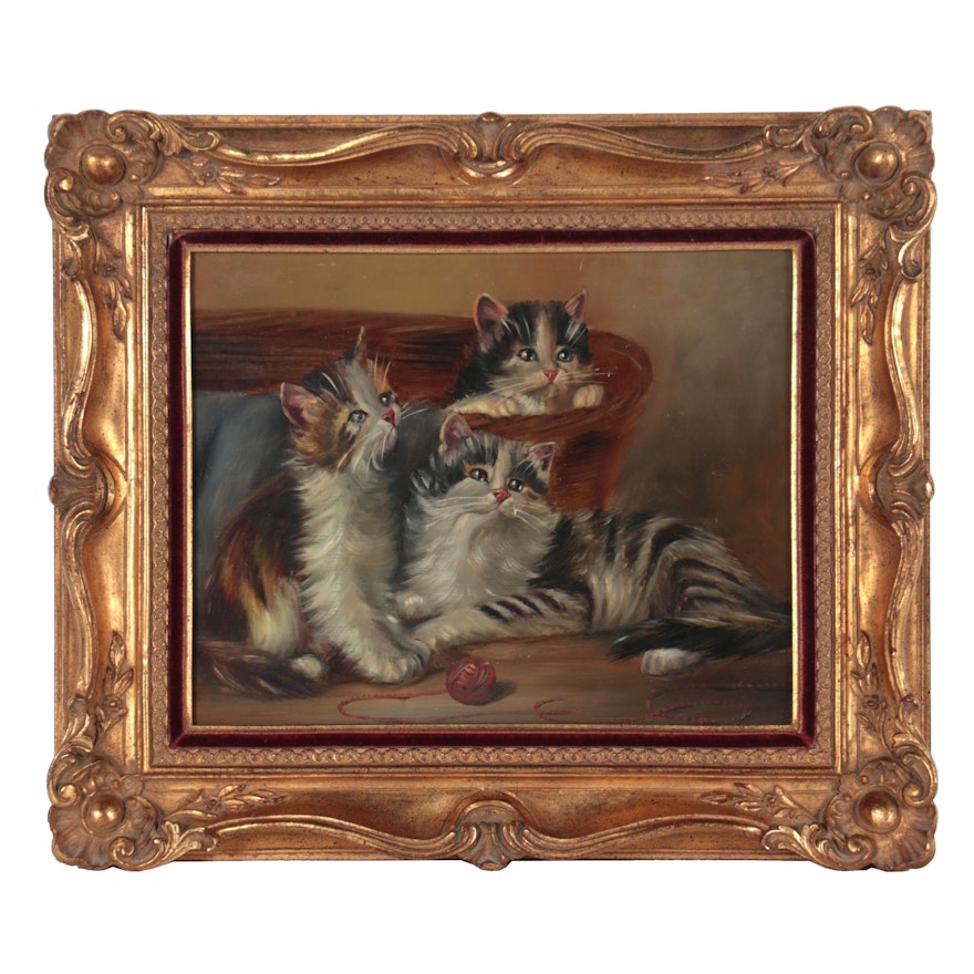 Johannes Josephus Hovener Oil Painting of Kittens, 20th Century