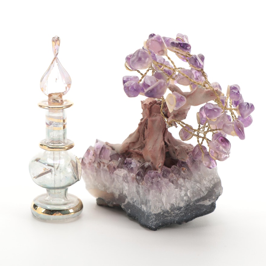Amethyst "Tree of Life" on Amethyst Geode Base and Egyptian Glass Perfume Bottle
