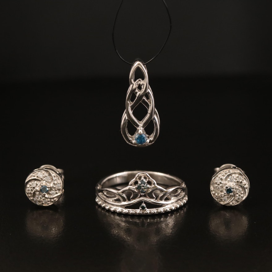 Sterling Diamond and Zircon Pendant, Ring and Earrings