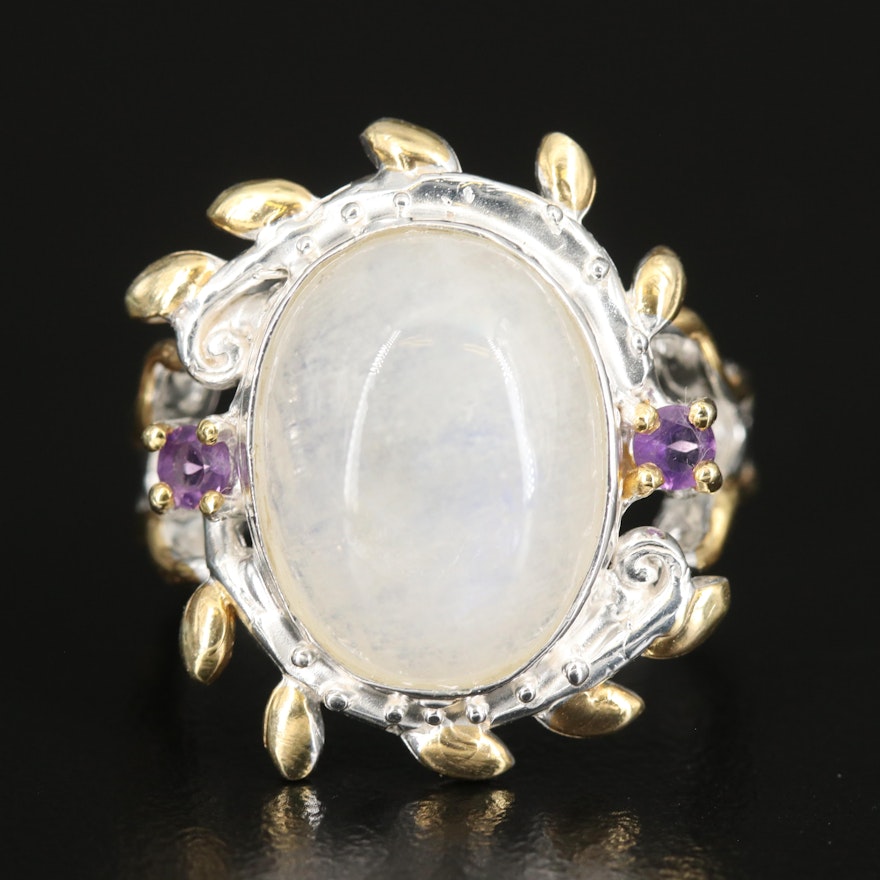 Sterling Rainbow Moonstone and Amethyst Ring