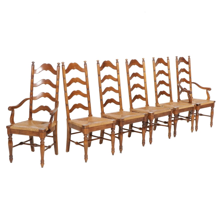 Six Slat-Back Dining Chairs with Cord Seats, Late 20th Century