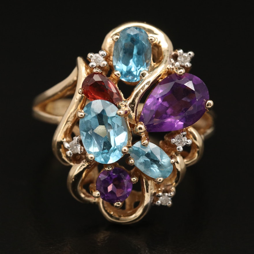 14K Amethyst, Topaz and Diamond Cluster Ring