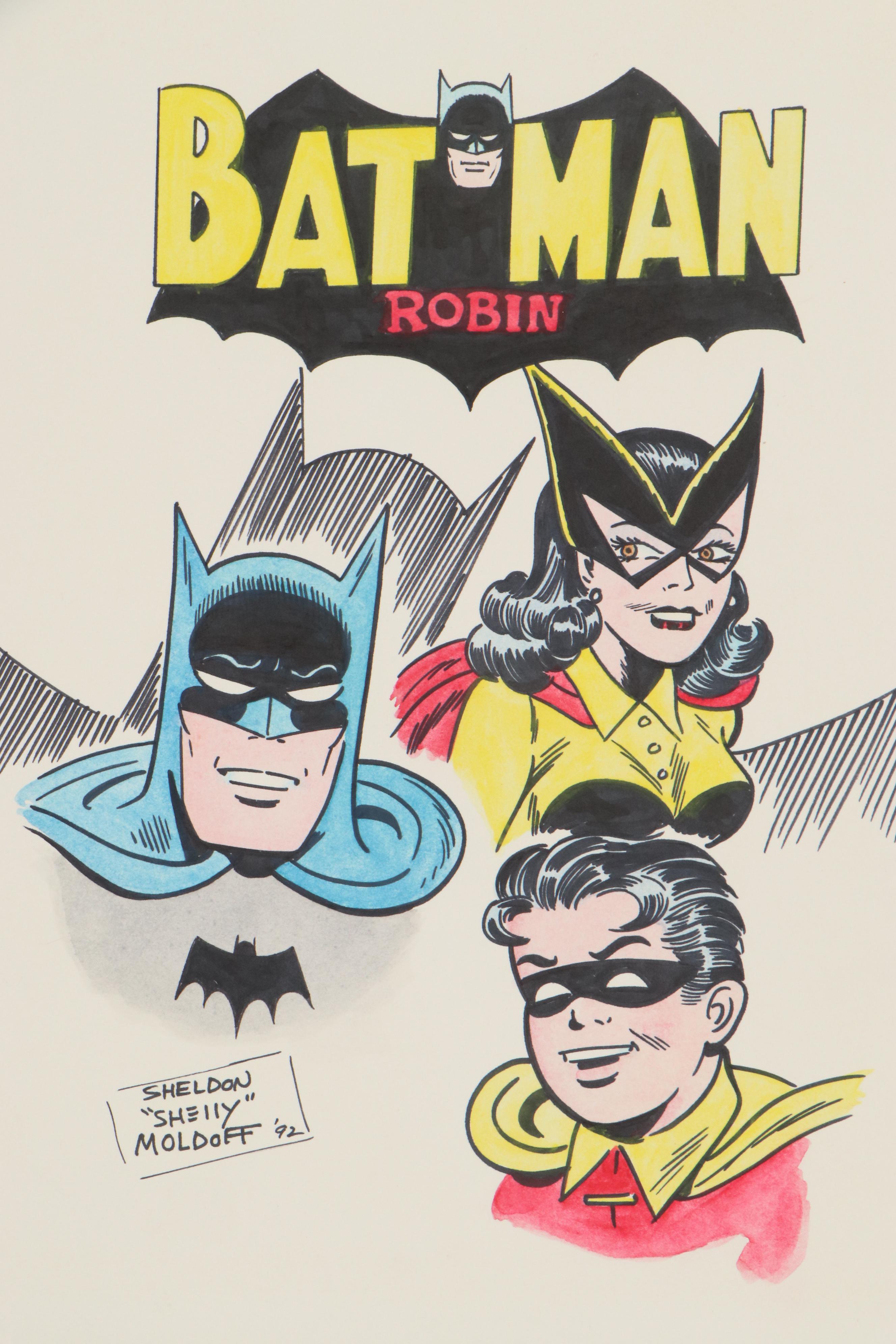 Sheldon Moldoff Batman, Batgirl and Robin Ink Illustration, 1992