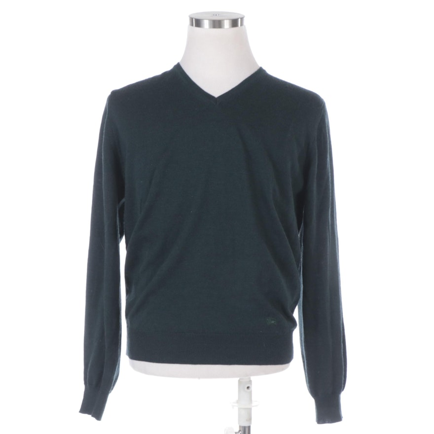Men's Burberry V-Neck Sweater in Dark Green Merino Wool
