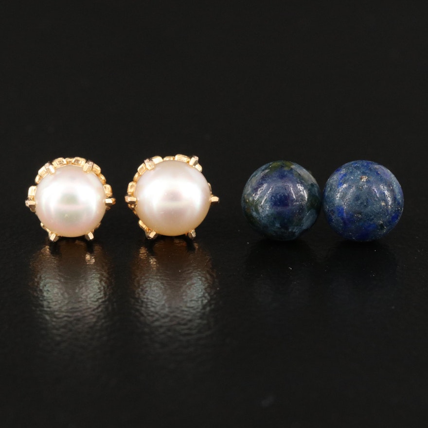 14K Lapis Lazuli Stud Earrings with 10K Pearl Stud Earrings