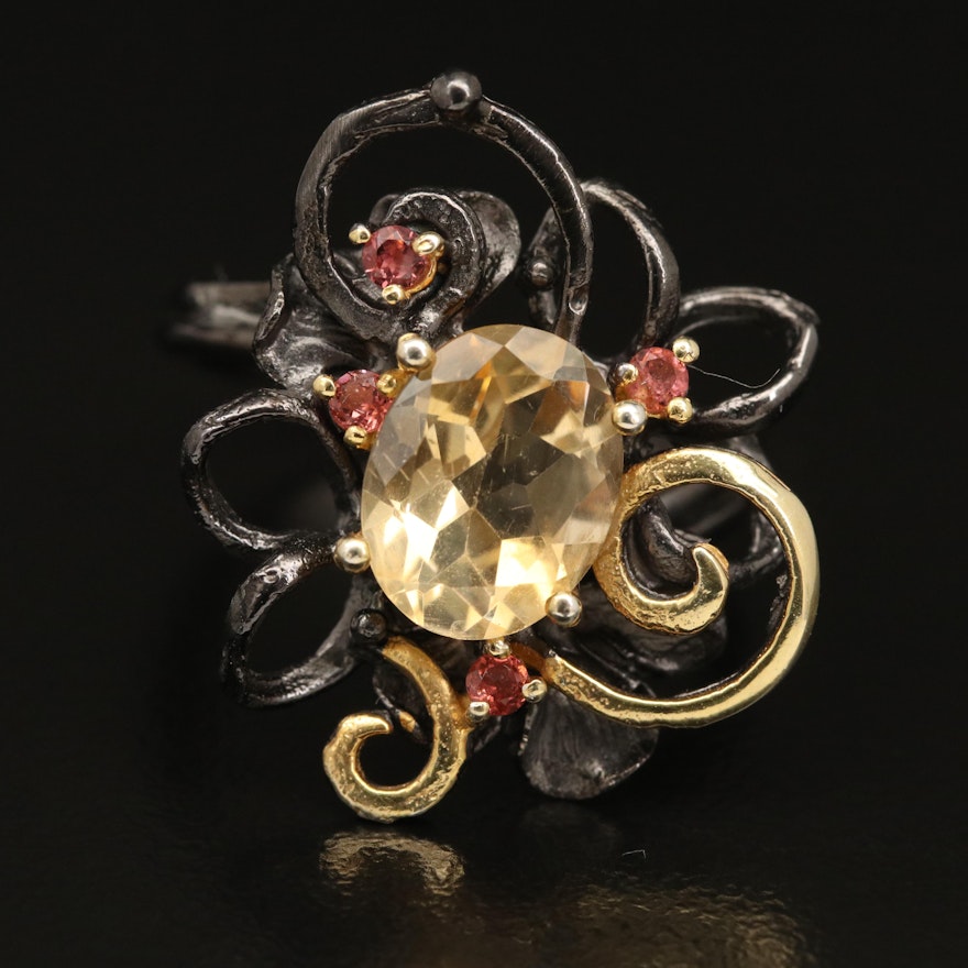 Sterling Silver Citrine and Tourmaline Openwork Ring with Scrollwork Design