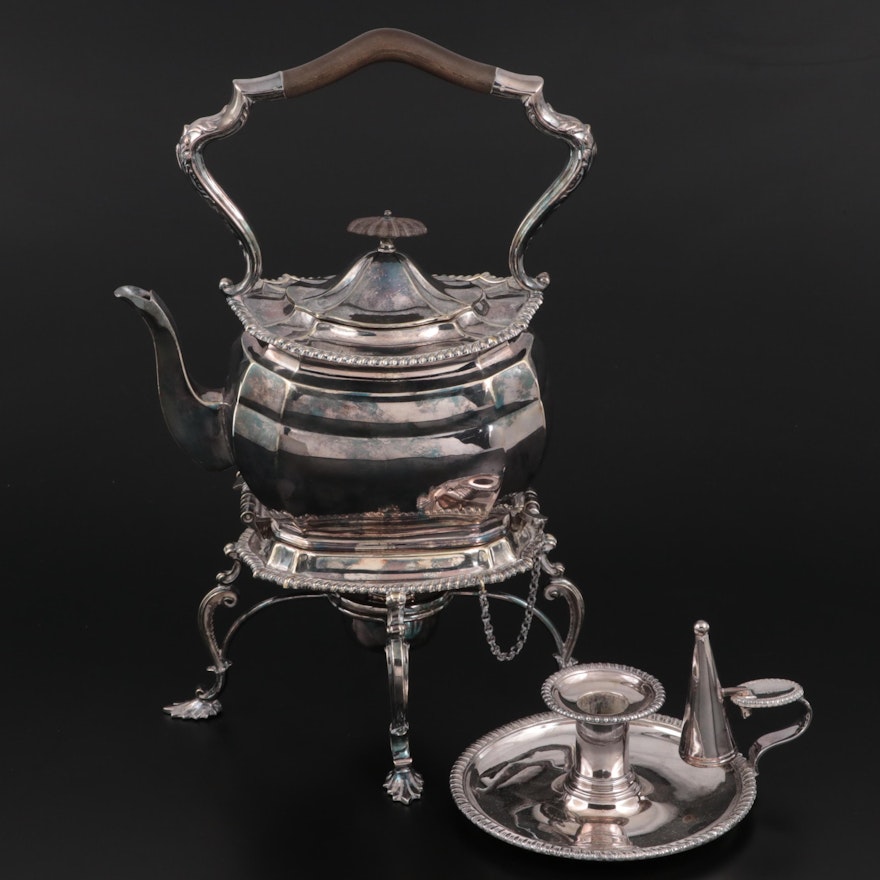 Alexander Clark English Silver Plate Kettle on Stand and Sheffield Chamberstick