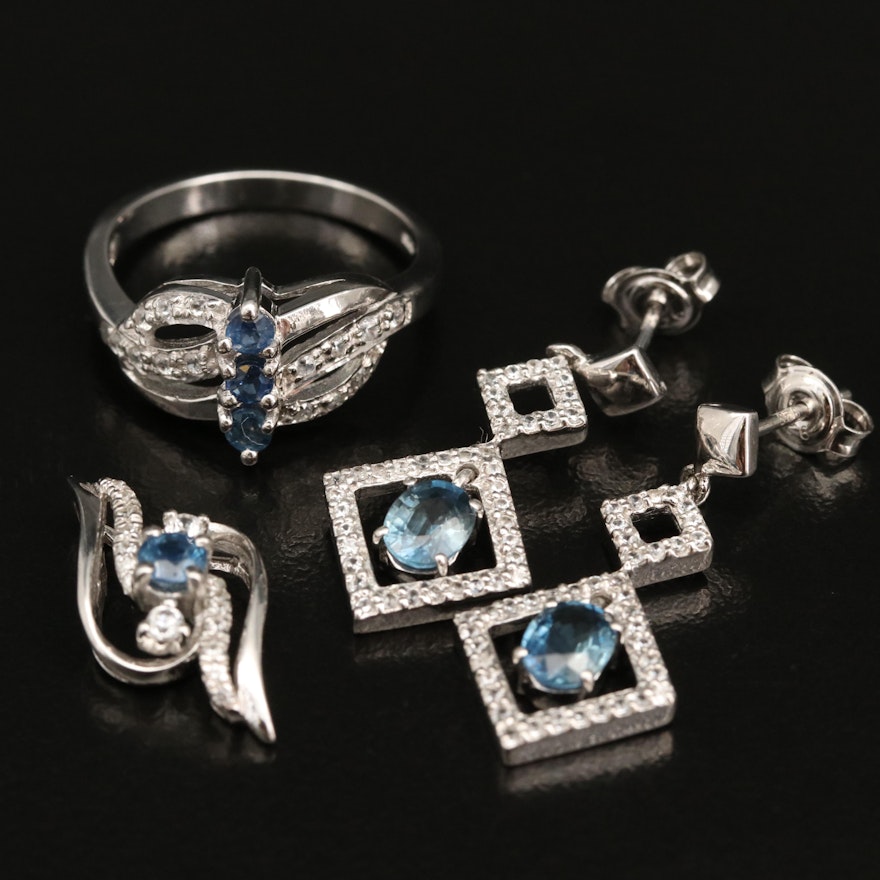 Sterling Silver Ring, Pendant and Earrings Featuring Sapphire and Zircon