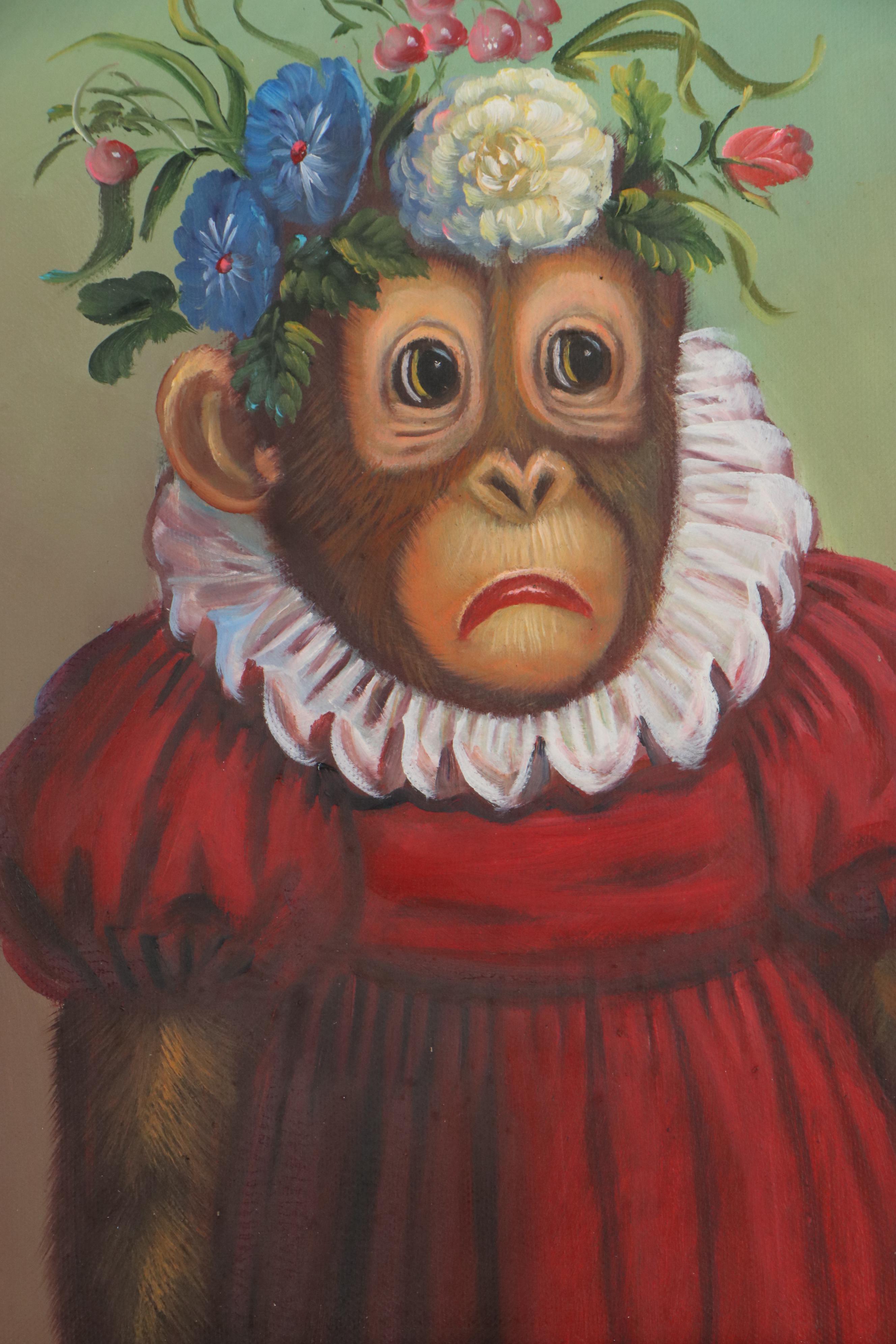 Anthropomorphic Oil Painting of Chimpanzee in Dress and Flower Crown