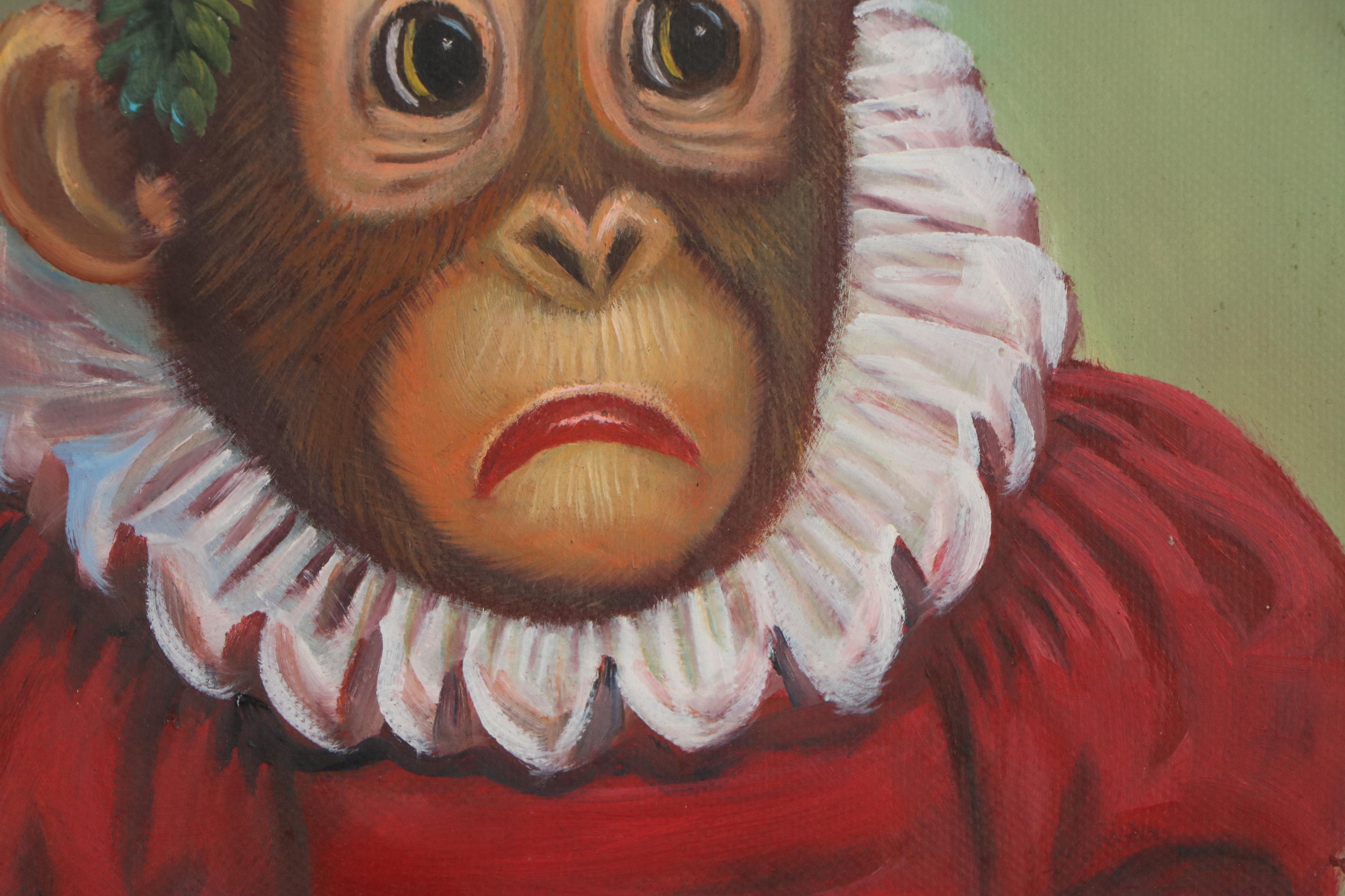 Anthropomorphic Oil Painting of Chimpanzee in Dress and Flower Crown