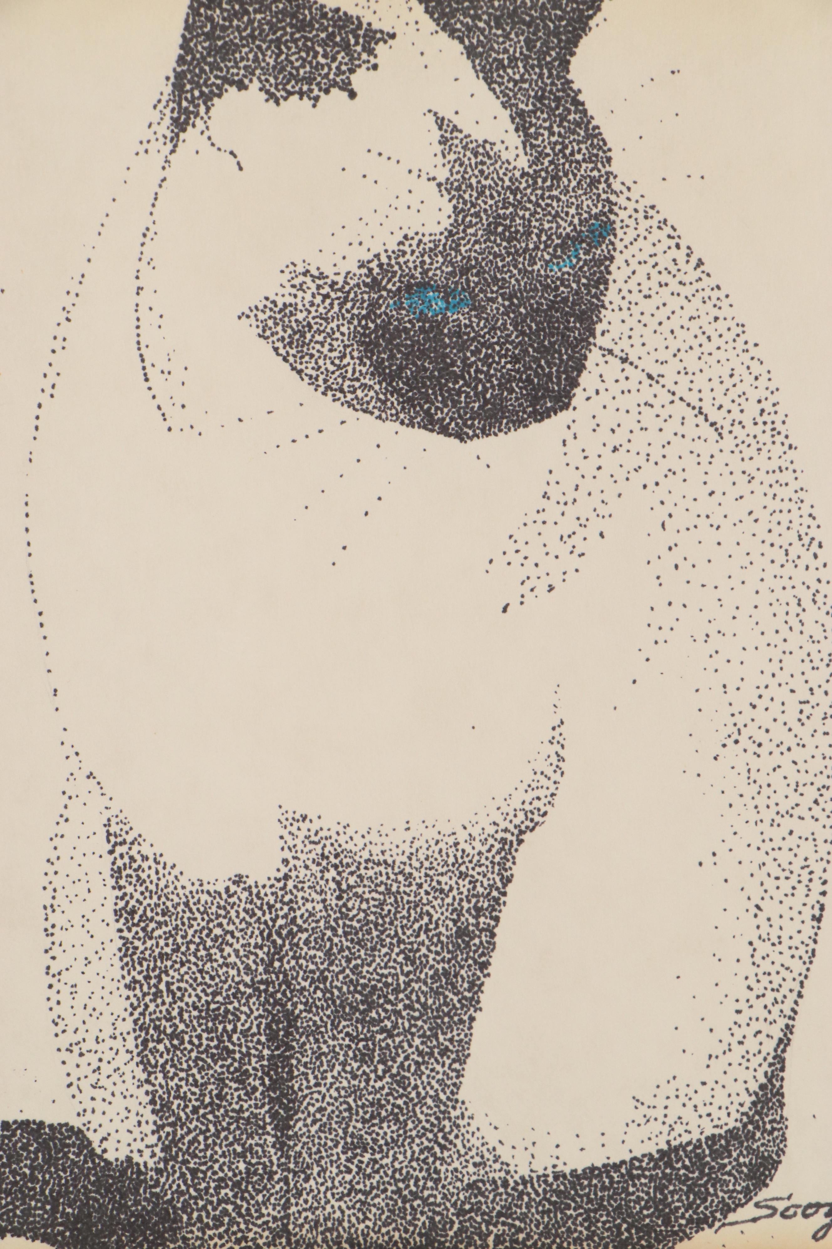 Stippled Ink Drawing of Siamese Cat, Late 20th Century