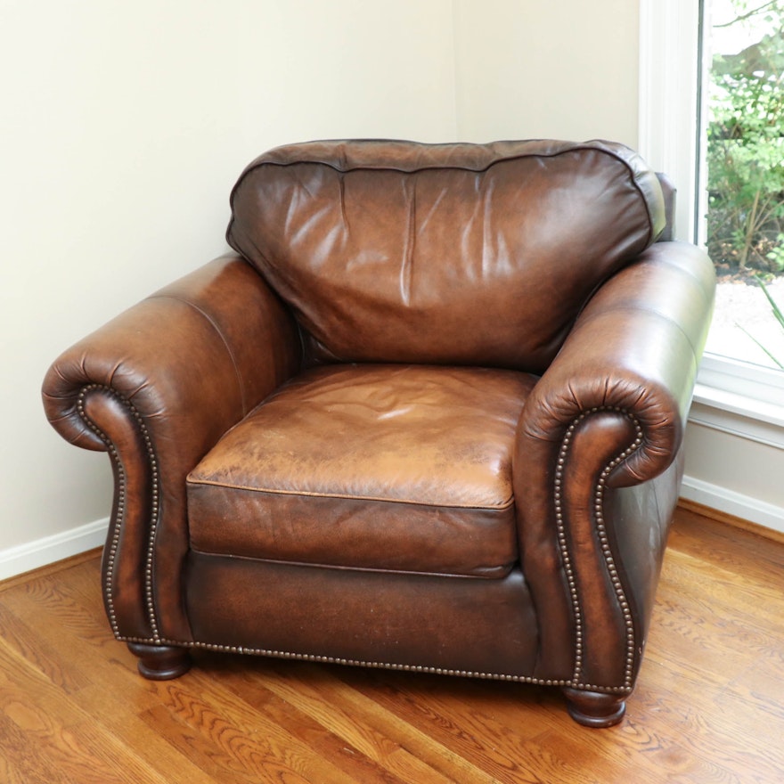 Bernhardt Brass-Tacked Brown Leather Club Chair