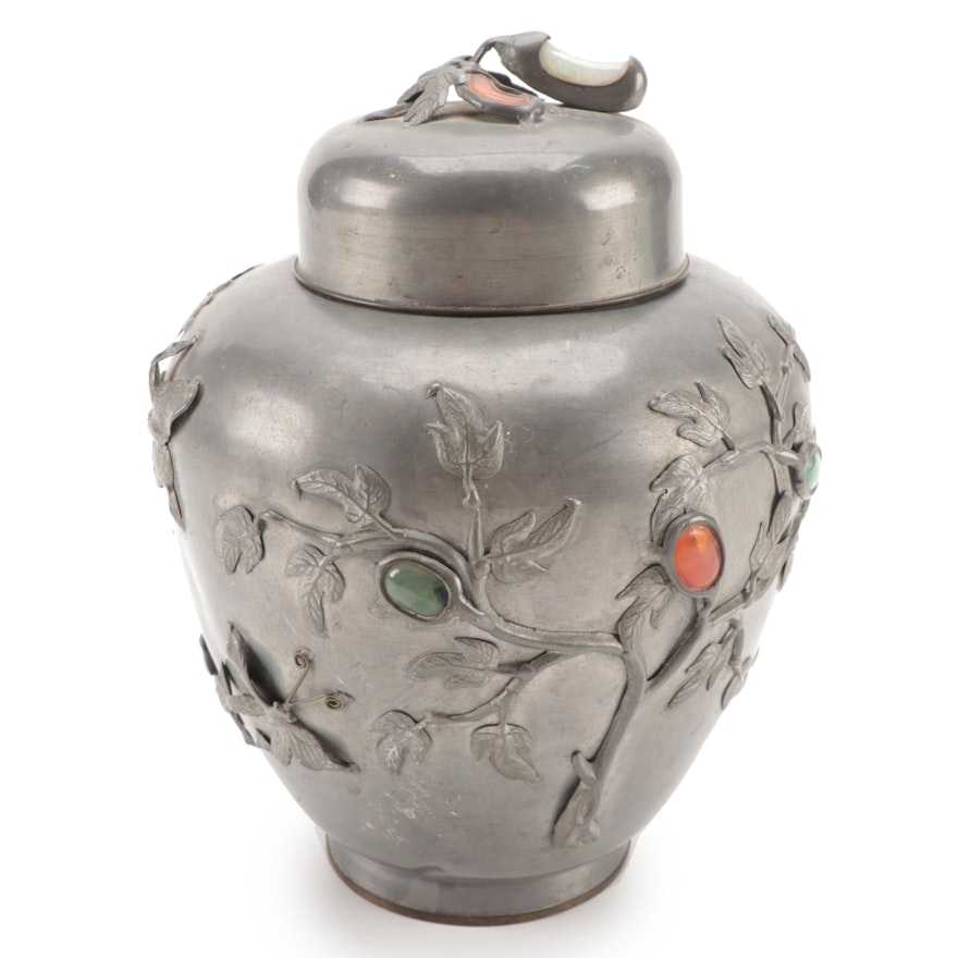 Chinese Pewter Ginger Jar with Agate and Jadeite Inserts