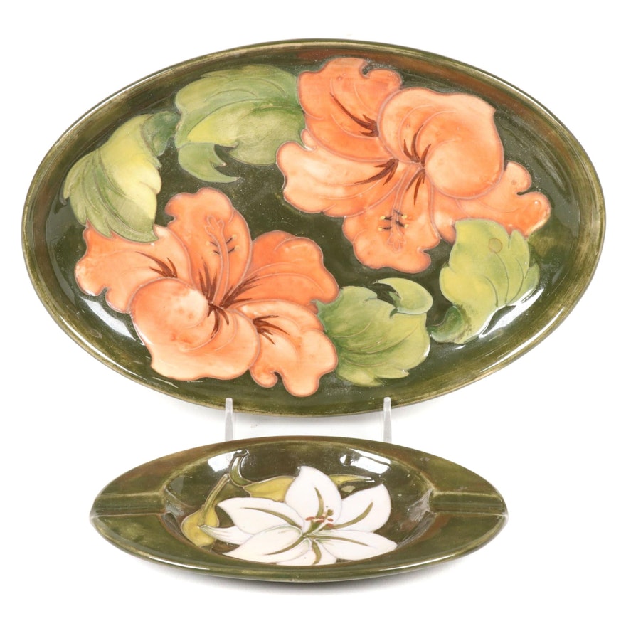 Moorcroft Olive Green Hand-Painted Floral Motif Ashtray and Dish