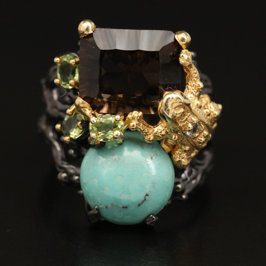 Sterling Silver Smoky Quartz, Topaz and Turquoise Frog Ring