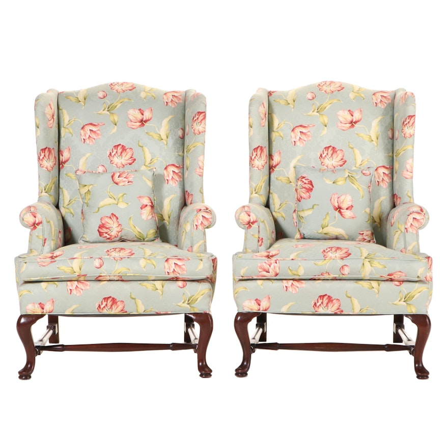 Pair of Queen Anne Style Custom-Upholstered Mahogany Wingback Armchairs