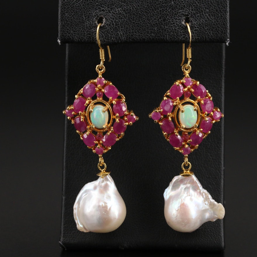 Sterling Ruby, Pearl and Gemstone Earrings